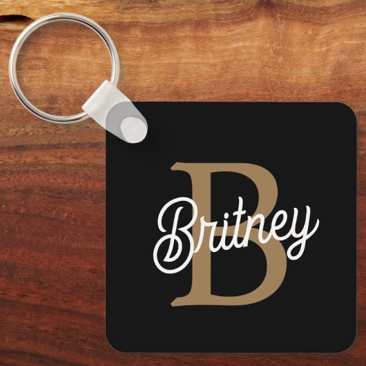 モダンモノグラエレガントム名ブラック・金ゴールド・スクリプト キーホルダー (正面)