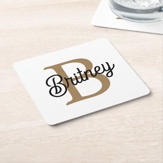 モダンモノグラエレガントム名ブラック・金ゴールド・スクリプト スクエアペーパーコースター (アングル)