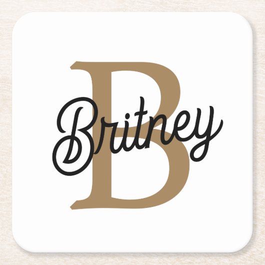 モダンモノグラエレガントム名ブラック・金ゴールド・スクリプト スクエアペーパーコースター (正面)