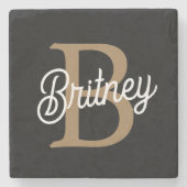 モダンモノグラエレガントム名ブラック・金ゴールド・スクリプト ストーンコースター (正面)