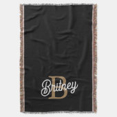モダンモノグラエレガントム名ブラック・金ゴールド・スクリプト スローブランケット (正面縦)