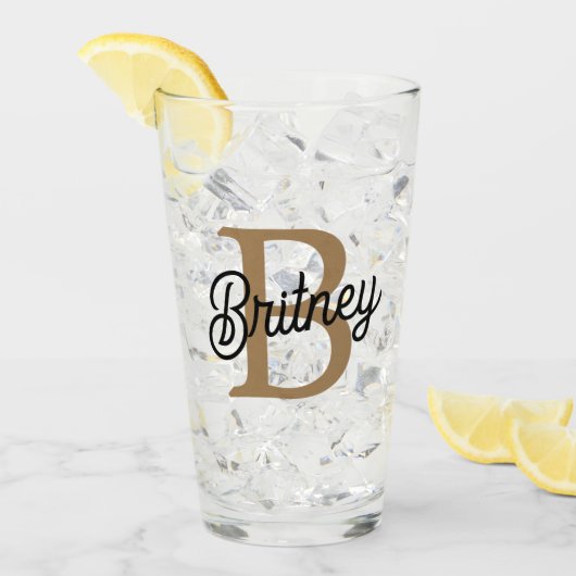 モダンモノグラエレガントム名ブラック・金ゴールド・スクリプト タンブラーグラス (アイス正面)