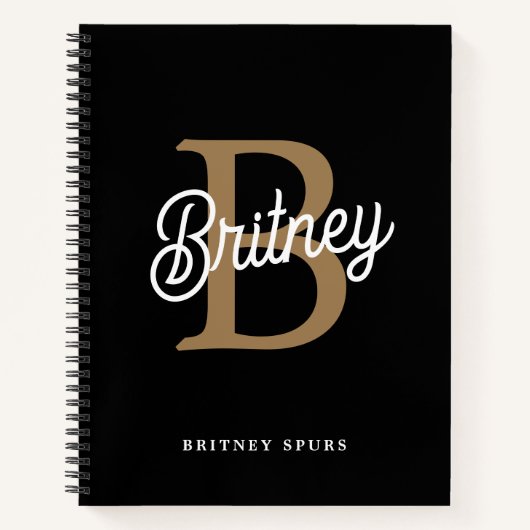 モダンモノグラエレガントム名ブラック・金ゴールド・スクリプト ノートブック (正面)