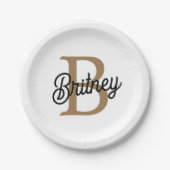 モダンモノグラエレガントム名ブラック・金ゴールド・スクリプト ペーパープレート (正面)