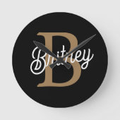 モダンモノグラエレガントム名ブラック・金ゴールド・スクリプト ラウンド壁時計 (正面)