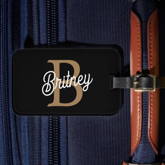 モダンモノグラエレガントム名ブラック・金ゴールド・スクリプト ラゲッジタグ (正面インサイチュ4)