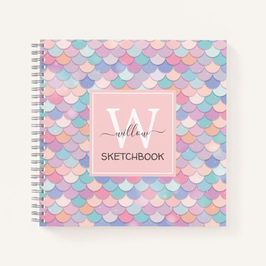 モダンモノグラムかわいらしマーメイド淡い色のピンクスケッチ ノートブック (正面)