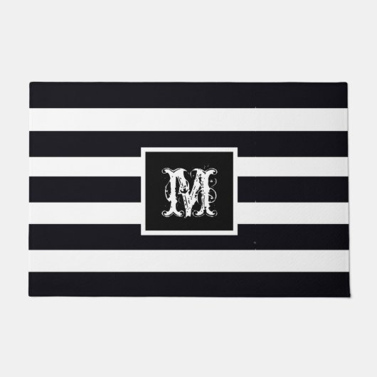 モダンモノグラムのイニシャルエレガント白黒 ドアマット (正面)