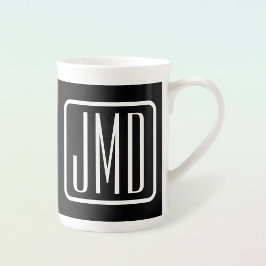 モダンモノグラムのイニシャル | ブラック&ホワイト ボーンチャイナマグカップ
