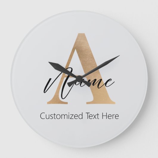 モダンモノグラムのイニシャルA名パーソナライズされた ラージ壁時計 (正面)