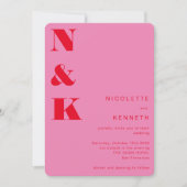 モダンモノグラムはっきりした明るい赤ピンク結婚ズ 招待状 (正面)