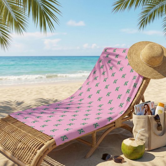 モダンモノグラムイニシャルレター ピンク グリーン パターン ビーチタオル