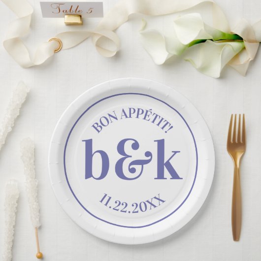 モダンモノグラムミニマルイニシャルパープル結婚ズ ペーパープレート (ウェディング)