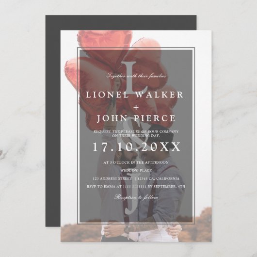 モダンモノグラムミニマル写真結婚ゲイ 招待状 (正面/裏面)