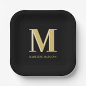 モダンモノグラム名はっきりしたタイポグラフィ金ゴールド黒 ペーパープレート (正面)