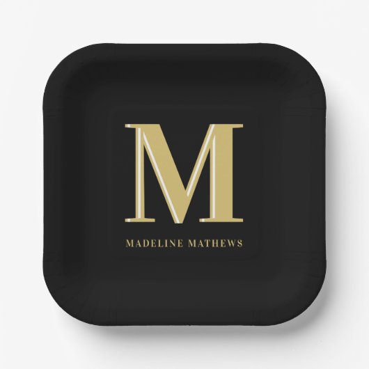 モダンモノグラム名はっきりしたタイポグラフィ金ゴールド黒 ペーパープレート (正面)