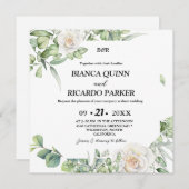 モダンモノグラム緑ユーカリ結婚スクエア 招待状 (正面/裏面)