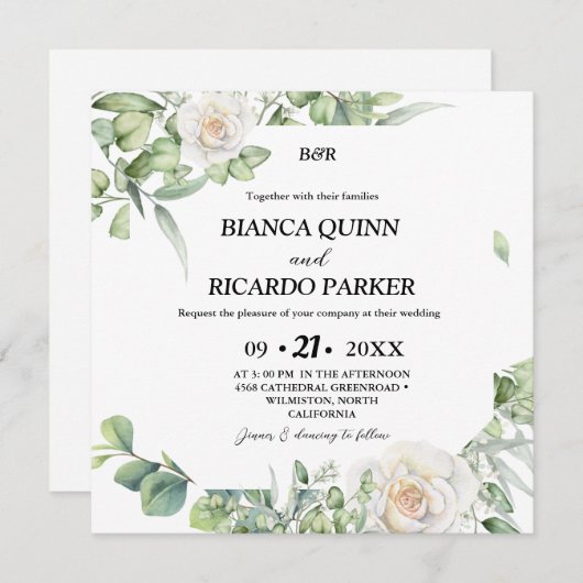 モダンモノグラム緑ユーカリ結婚スクエア 招待状 (正面/裏面)