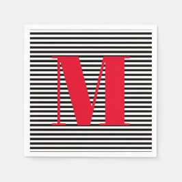 モダンモノグラム赤白黒ストライプイニシャル スタンダードカクテルナプキン