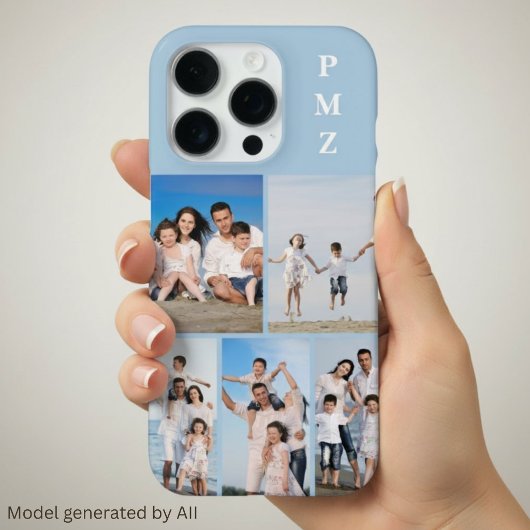 モダンモノグラム5枚フォトコラージュ ベイビーブルー iPhoneケース