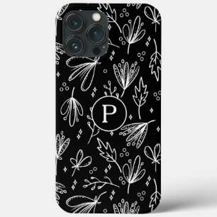 モダンモノグラム 黒白フラワーパターン iPhone 13 PRO MAXケース