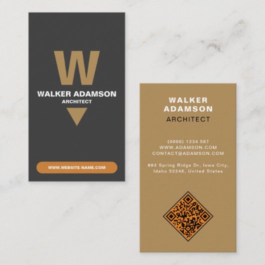(モダンモノグラムQR)ブロンズ&マットブラック 名刺 (正面/裏面)