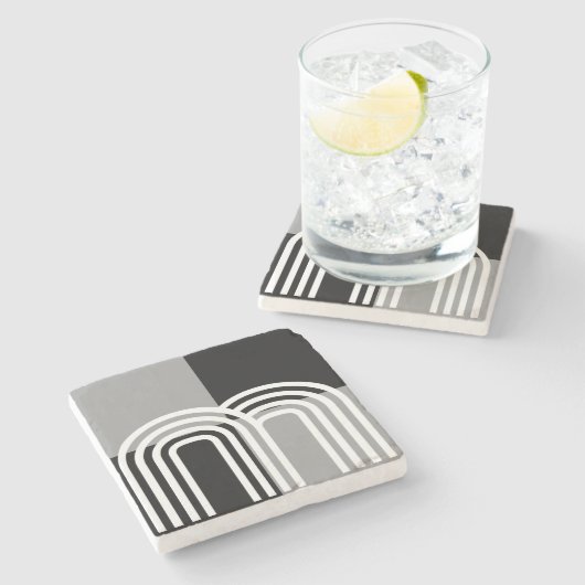 モダンモノトーンの白黒イニシャルパターン ストーンコースター (横)