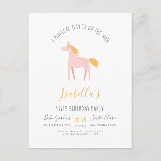 モダンユニコーン&フェイク金ゴールドレインボーバースデーパーティー インビテーションポストカード (正面)