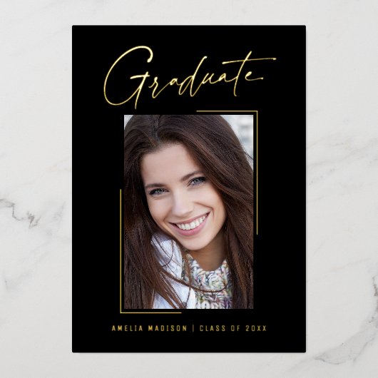 モダンユニークミニマルInk Script Graduate Card 箔招待状 (正面)