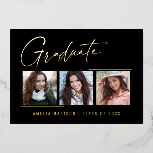 モダンユニークミニマルInk Script Graduate Card 箔招待状 (正面)