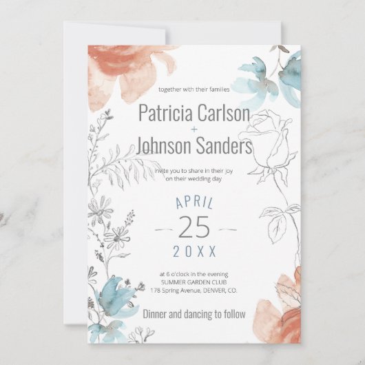 モダンユニーク埃の多い青い桃と結婚灰色 招待状 (正面)