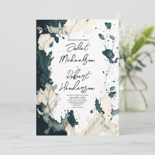 モダンユニーク抽象芸術水色フローラ結婚の 招待状 (スタンド正面)