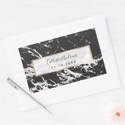モダンユニーク白黒大理石模様 長方形シール (封筒)