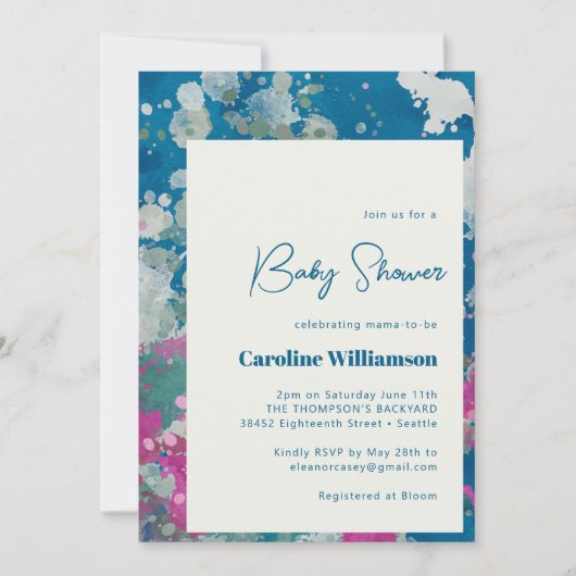 モダンユニーク絵を描抽象芸術ブルー赤ちゃんシャワー 招待状 (正面)