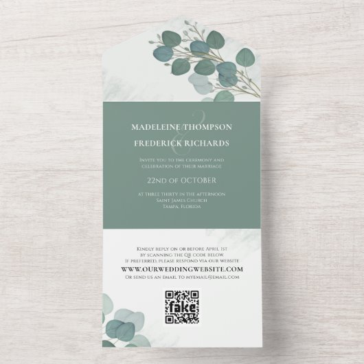 モダンユーカリエレガント素朴葉QRコード オールインワン招待状 (内側)