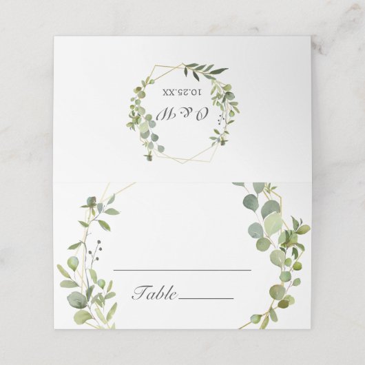 モダンユーカリ幾何結婚フレーム表 プレイスカード (外部開封)