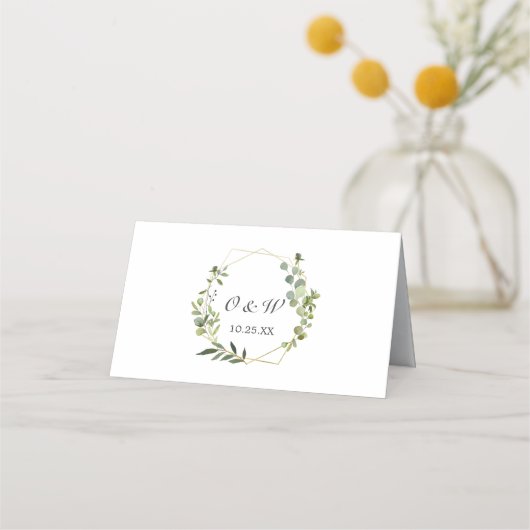 モダンユーカリ幾何結婚フレーム表 プレイスカード (裏面)