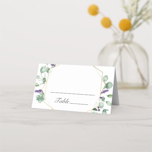 モダンユーカリ幾何結婚フレーム表 プレイスカード (正面)