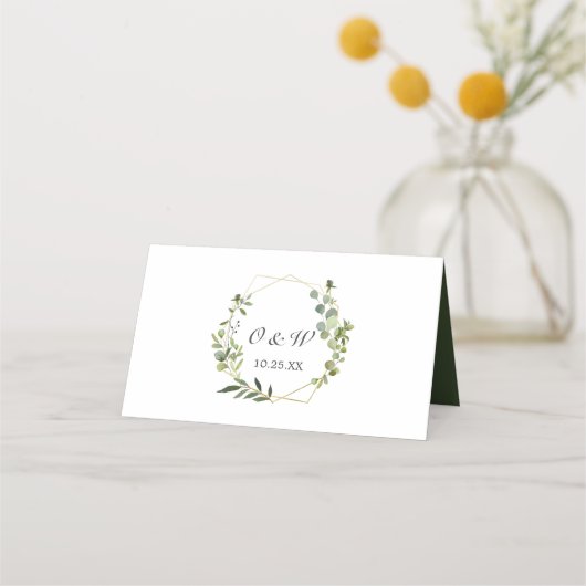 モダンユーカリ幾何結婚フレーム表 プレイスカード (裏面)