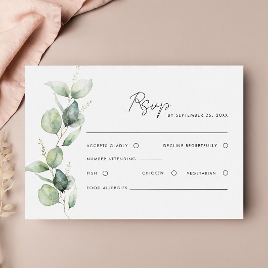 モダンユーカリ水の色のスクリプト結婚の 出欠カード