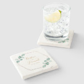 モダンユーカリ水カラー金ゴールドスクリプ結婚ト ストーンコースター (横)