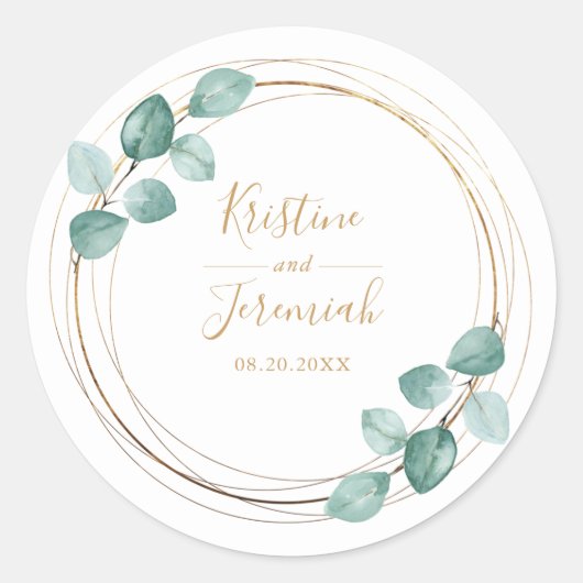 モダンユーカリ水カラー金ゴールドスクリプ結婚ト ラウンドシール (正面)