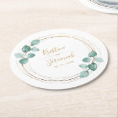 モダンユーカリ水カラー金ゴールドスクリプ結婚ト ラウンドペーパーコースター (アングル)