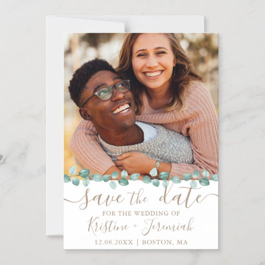 モダンユーカリ水彩つる植物写真結婚の マグネット招待状 (正面)