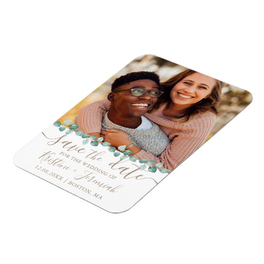 モダンユーカリ水彩つる植物写真結婚の マグネット (左側)