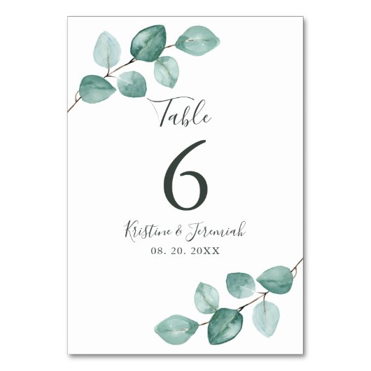 モダンユーカリ水彩黒文字結婚の テーブルナンバー (正面)