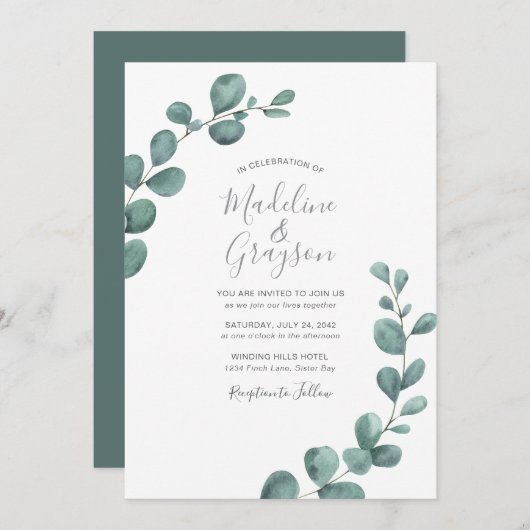 モダンユーカリ緑のスクリプ結婚ト 招待状 (正面/裏面)