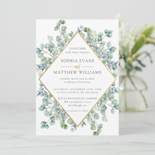 モダンユーカリ緑の金ゴールドフレ結婚ーム 招待状 (スタンド正面)