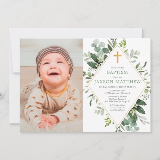 モダンユーカリ緑金ゴールド洗礼写真撮影 招待状 (正面)