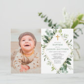 モダンユーカリ緑金ゴールド洗礼写真撮影 招待状 (スタンド正面)